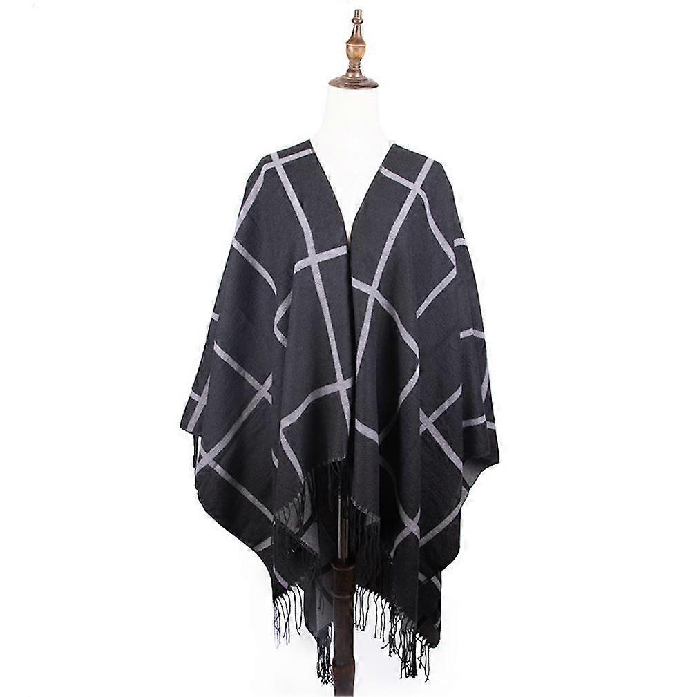 Plaid Shawl Scarf Open Front Poncho Winter Cardigant Blanket with Tassel for Lady