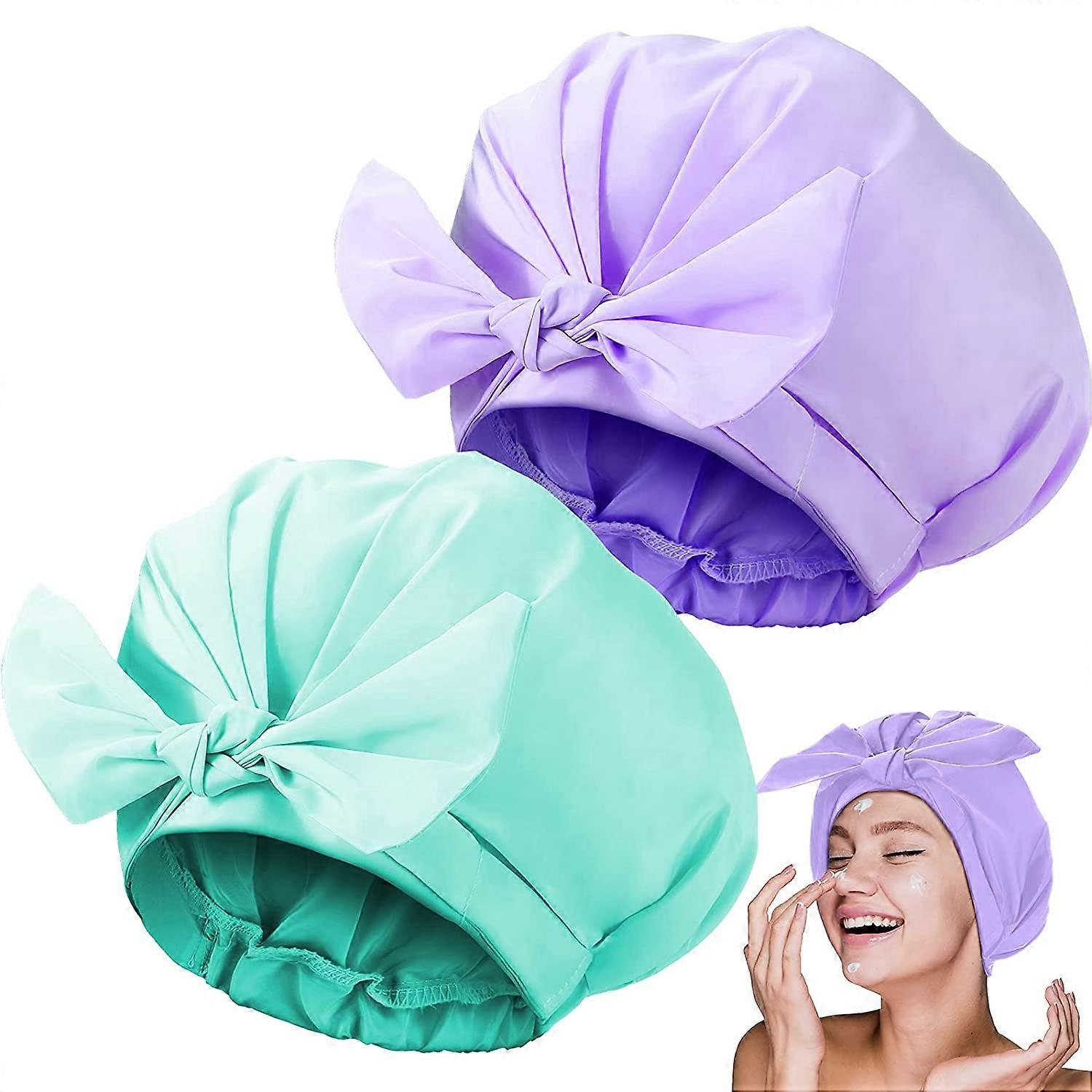2 Pieces Shower Caps Adjustable Bow-knot (Cyan, Purple)