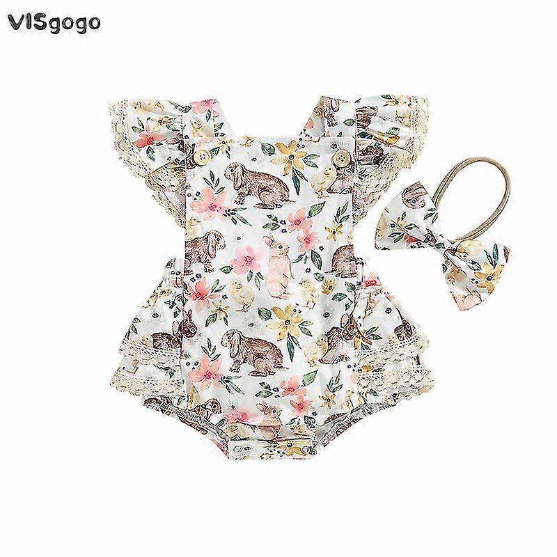 Visgogo بيبي جيرل 2 قطع عيد الفصح الزي يطير الأكمام مربع الرقبة كشكش الأرنب / الغزلان طباعة رومبير مع القوس عقال مجموعة الملابس الصيفية