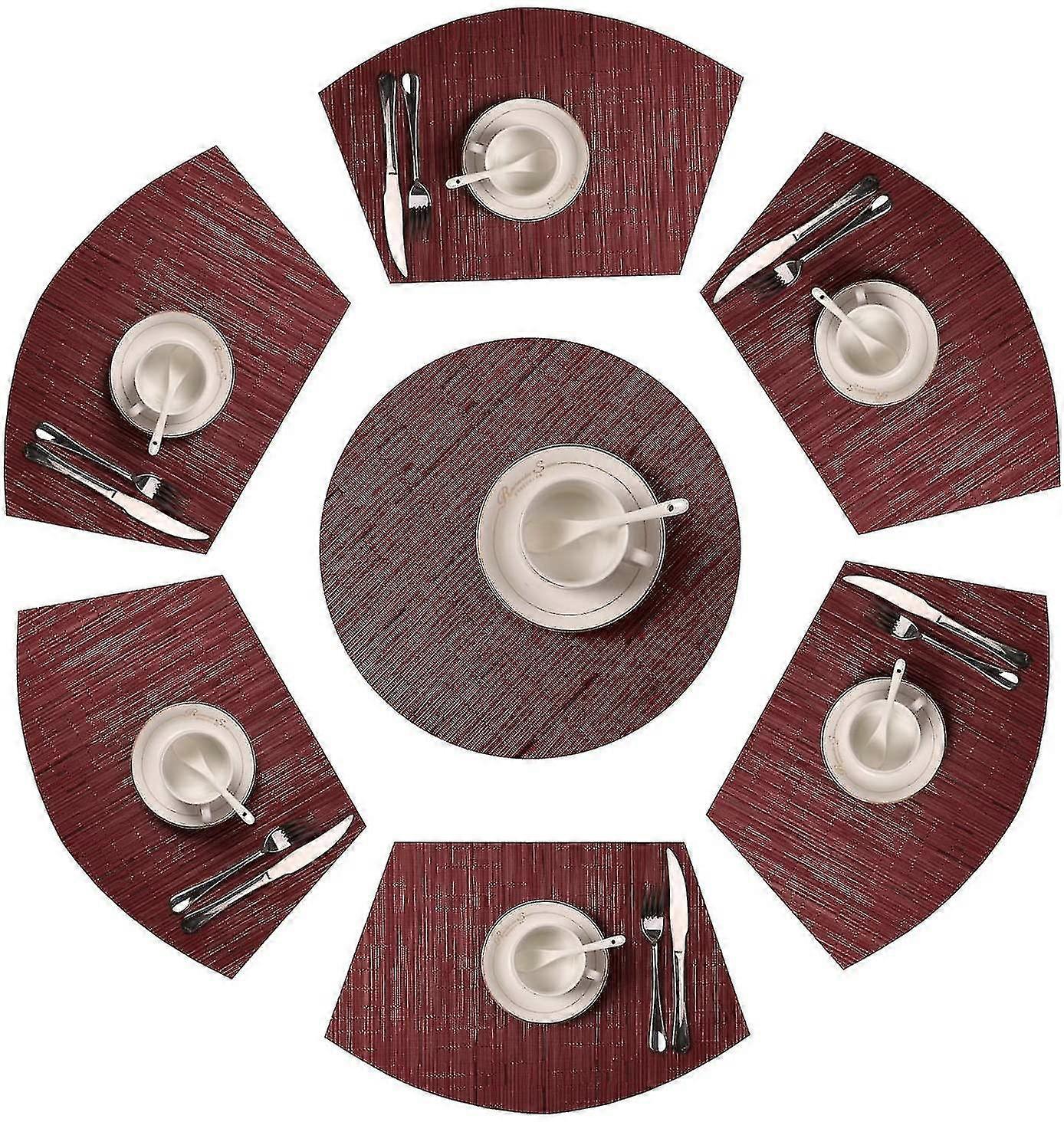 Round Table Placemats مجموعة من 7 الحصير مكان إسفين مع محور الحرارة مقاومة الجدول الحصير Wipeable(7، بورجوندي الأحمر)