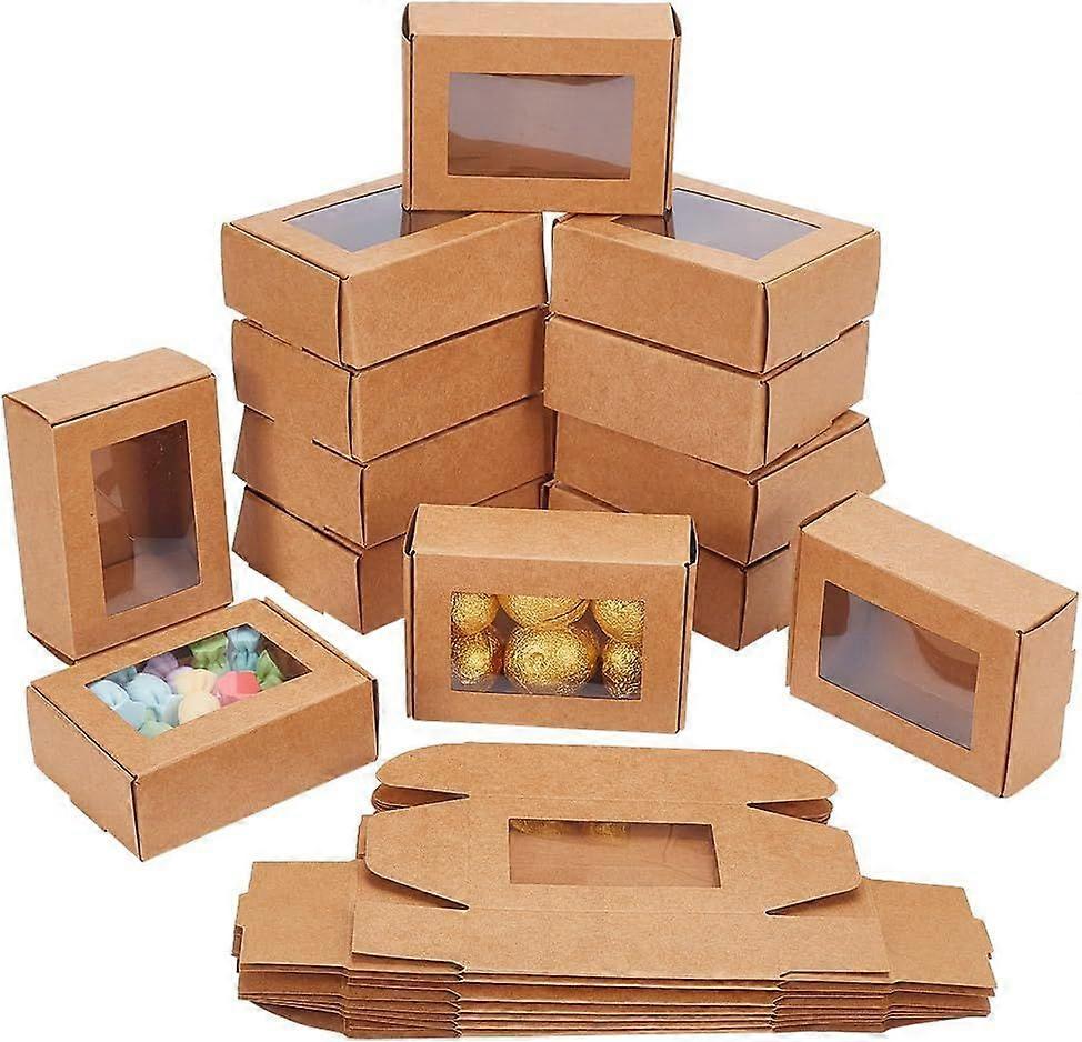 HOBBIESAY 20pcs Craft Rectangle Paper Box with PVC Window Folding Square Window Gift Boxes Presents Brown Boxes Bulk for Jewelry Candy Cookies Boxes D