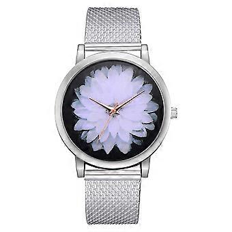 Mode Bloem Patroon Mesh Riem Ronde Wijzerplaat Quartz Horloge Casual Vrouwen Polshorloge (Zilver)