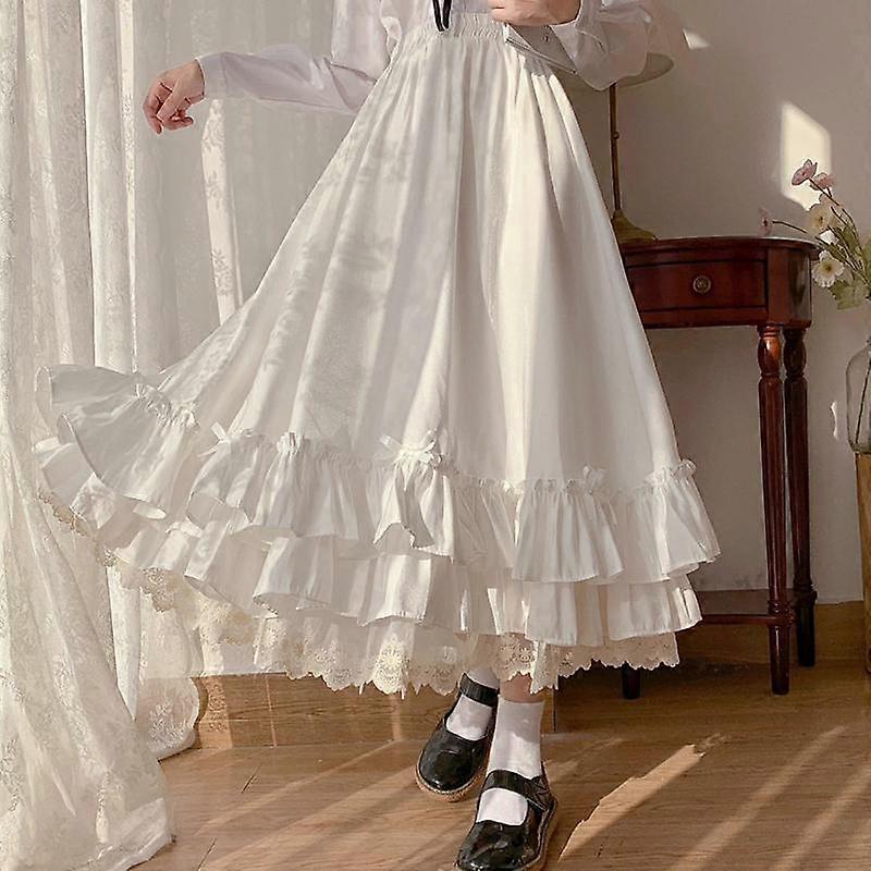 Skirts Womens Hepburn Style Black White Long Skirt Japanese Solid Color Double Layer Vintage French Ruffled A-line Skirts