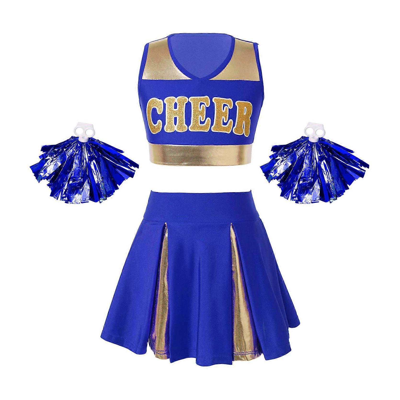 Sleeveless Letter Print Top with Pleated Skirt and Flower Ball Kids Girls Patchwork Style Cheerleading Clothes Set