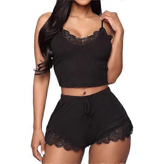 2 Pcs/Set Women Pajamas Set Crop Top Shorts Lace Edge Solid Color Spaghetti Strap Sexy Soft Sleeveless Lady Night Clothes for Sleeping
