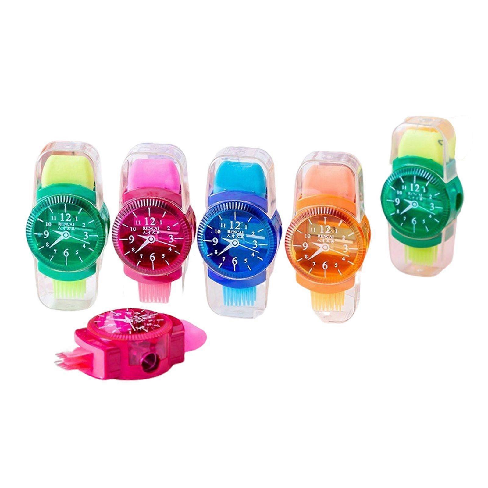 Qinghai 6Pcs Student Pencil Sharpener 3 in 1 Watch Shape Random Colors Pencil Cutter with Reel Eraser Brush