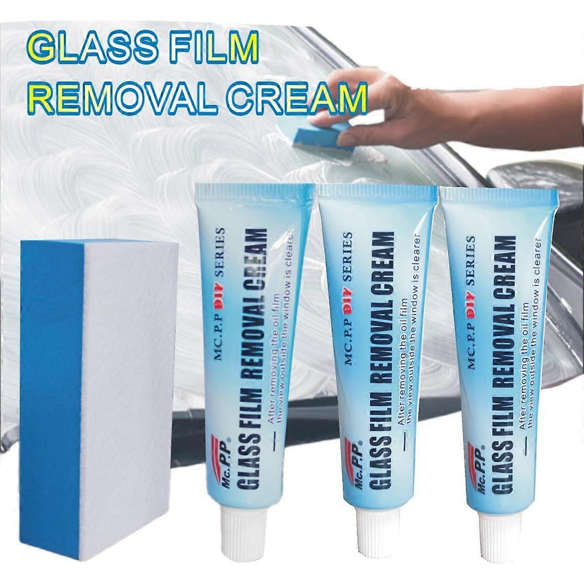 3pcsガラスフィルム除去クリーム、車のガラス油膜クリーナー、車のフロントガラス油膜クリーナースポンジ付き除去クリーム