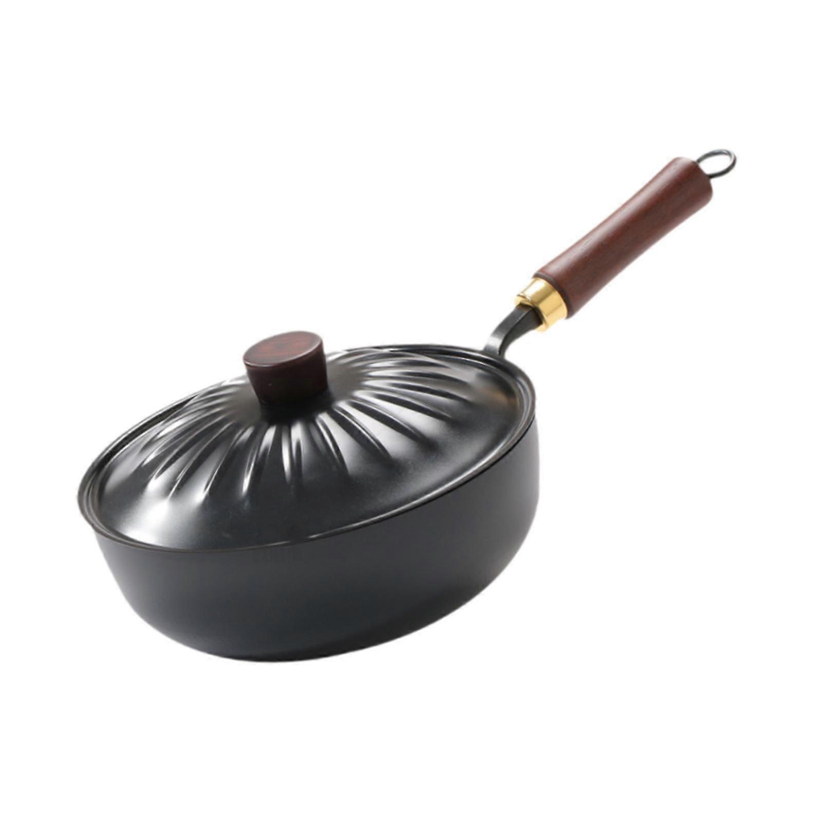Wok Pan Iron Long Handle with Lid and Slice Skillet for Cheese Meat Pancakes 20cm