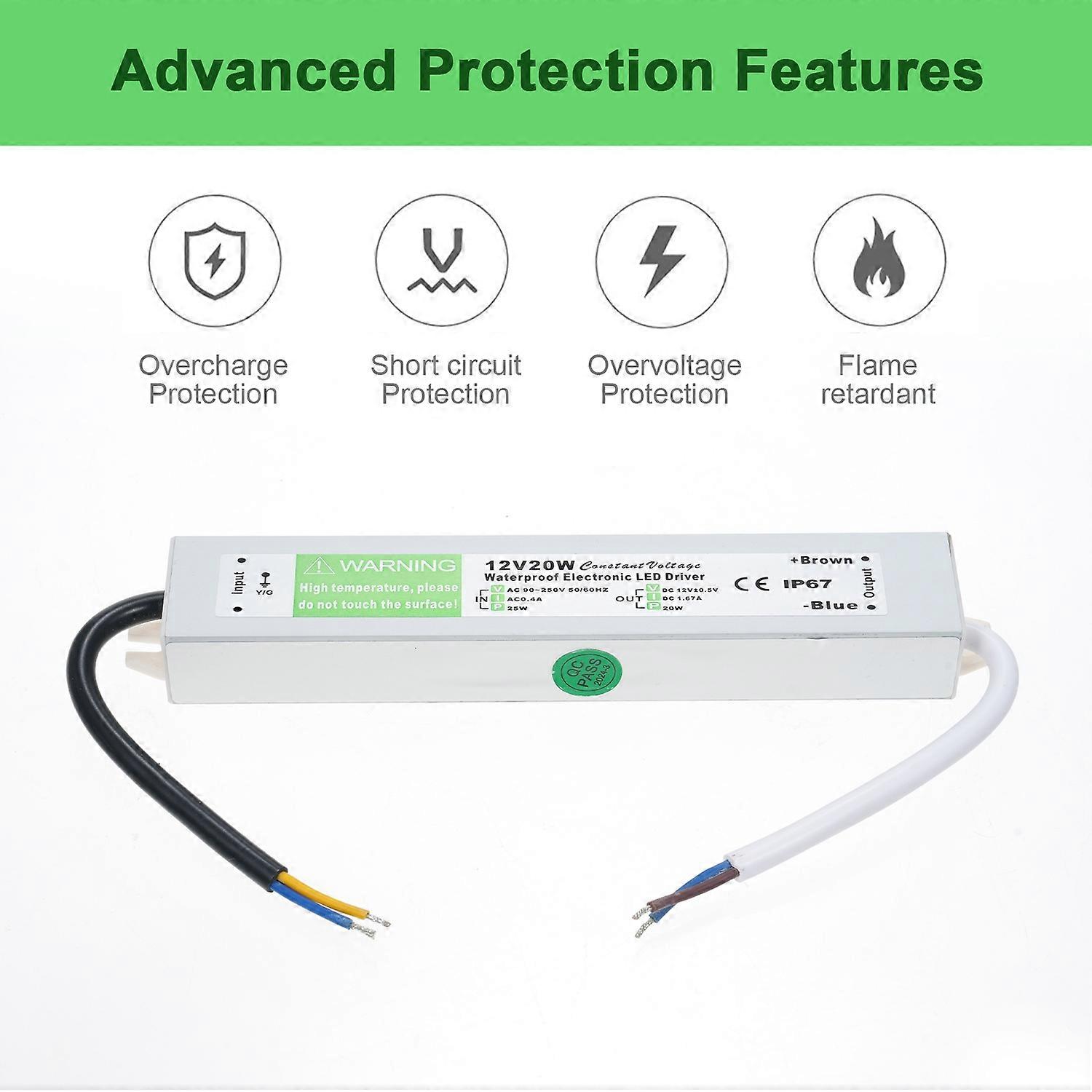 LED Driver Waterproof IP67 Switch Power Supply Transformer Adapter AC 90V-250V to DC 12V 20W Low Vol