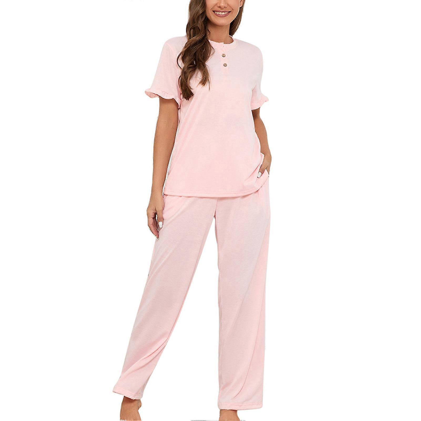 Conjunto de pijama feminino com gola redonda Mangas curtas Top com calças com cordão Conjunto de pijamas de duas peças