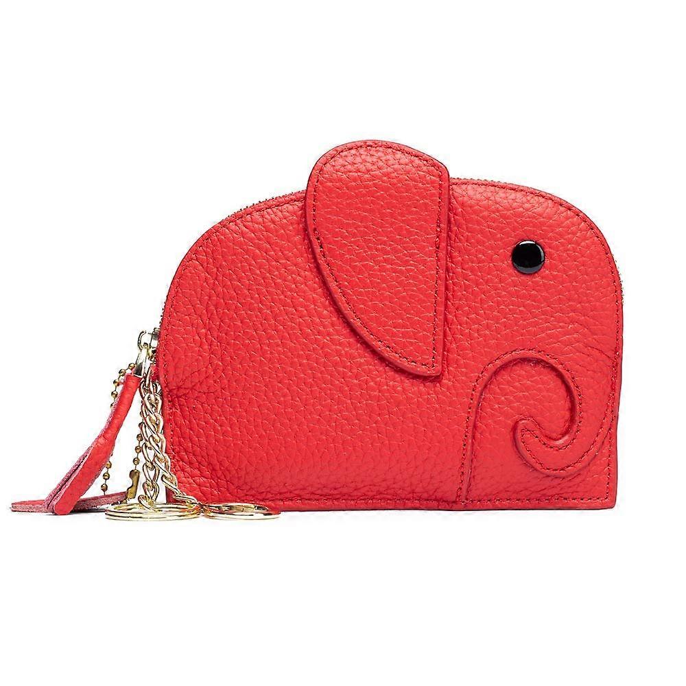 Mini Wallet Cartoon Elephant Card Holder Red Leather for Women with Key Holder and Plant Establishing Features