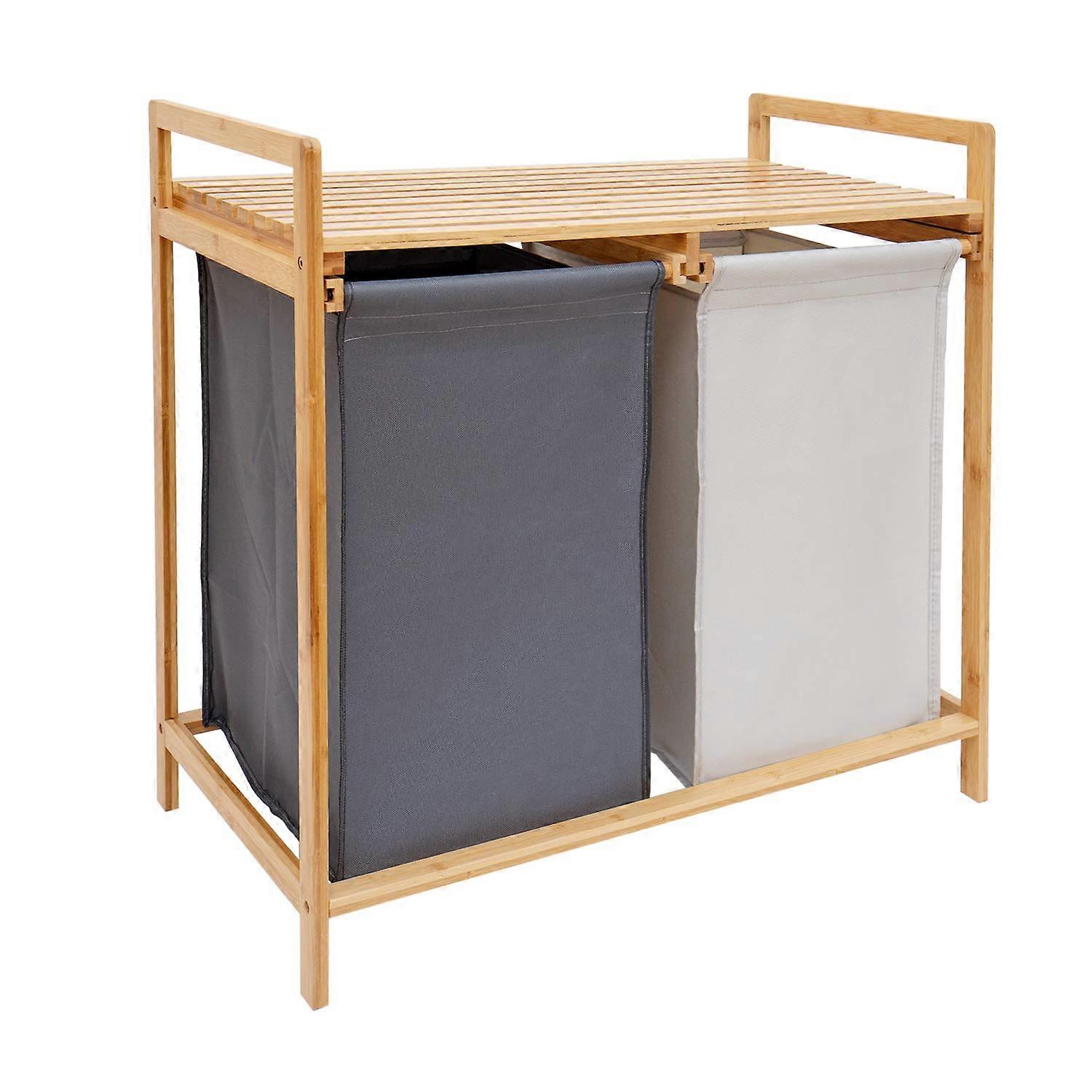 Bamboo Laundry Hamper and Shelf, 2 Sections Basket with Removable Liner, Dual Compartments Organizer and Storage, Wooden Sorter with Sliding Handles