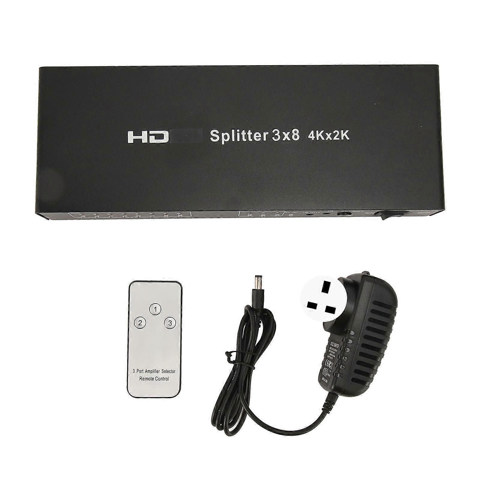 HD Multimedia Interface Splitter 3 in 8 Out 4Kx2K 60Hz Video Switcher with Remote Control for TV DVD Player 100‑240V