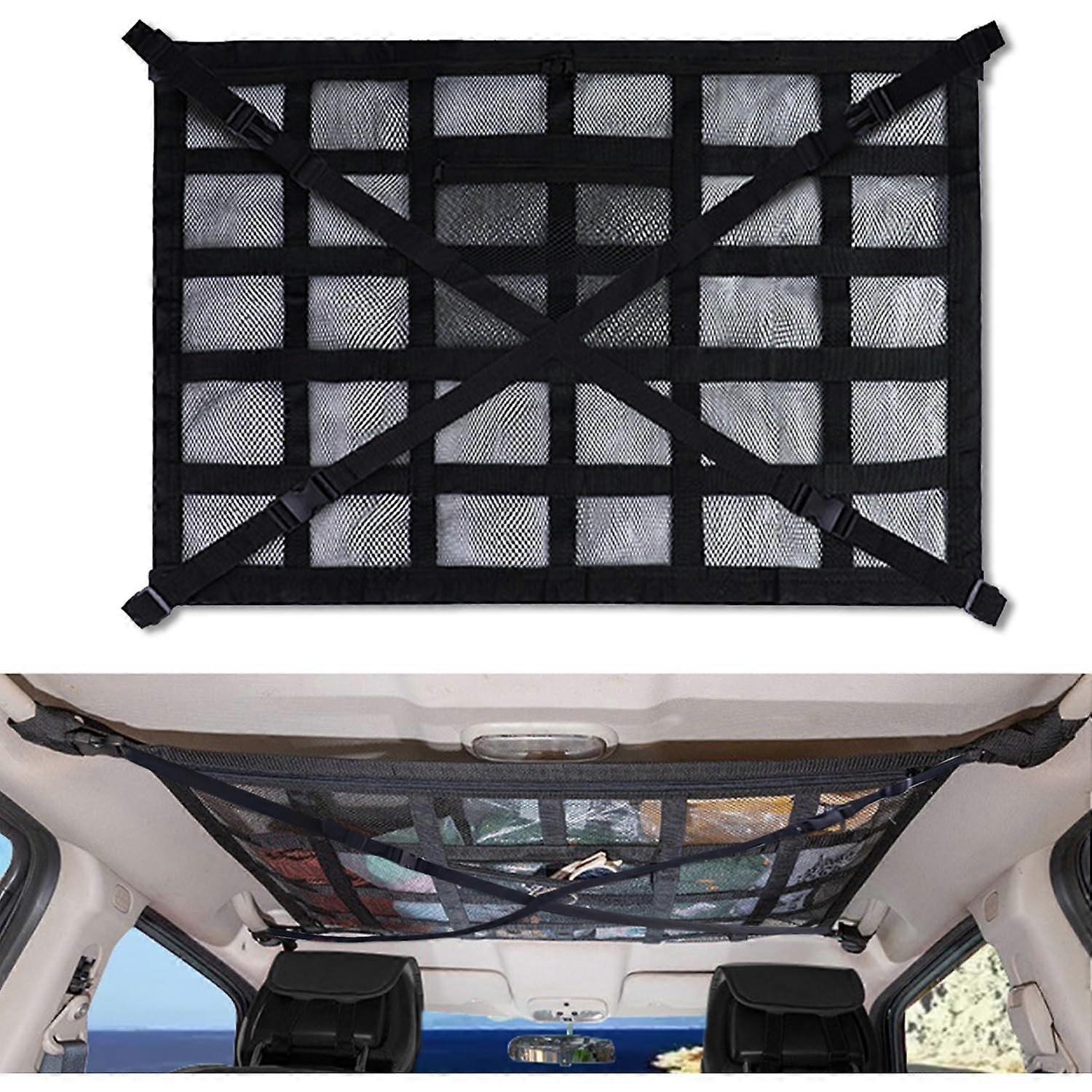 Car Ceiling Cargo Net Pocket Strengthened Load-Bearing Design Double-Layer Mesh Organizer For SUVs Black 35.4X23.6