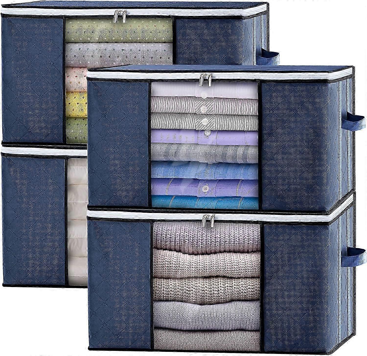 Foldable Storage Box with Lid for Clothes, Duvets, Blankets - Large Wardrobe Organizer, Navy