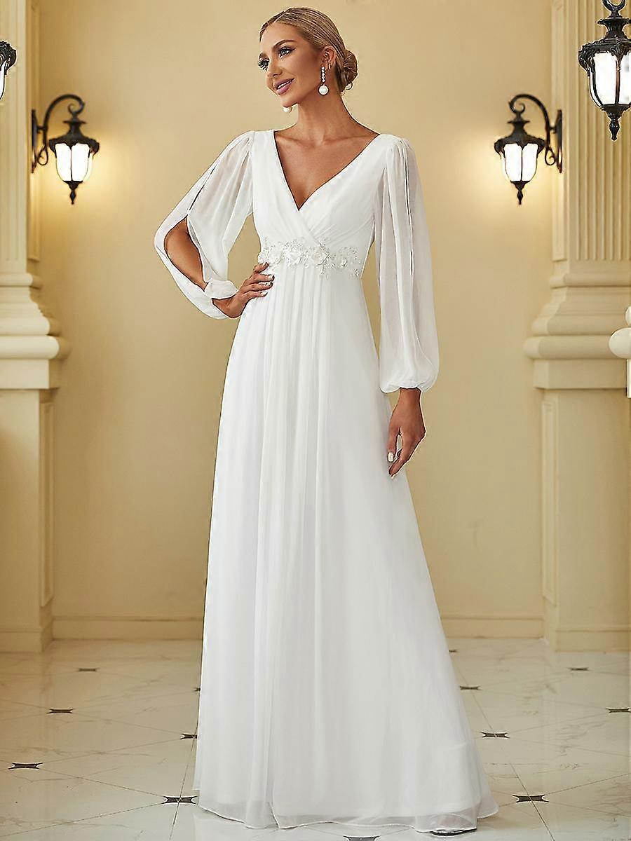 Ever-Pretty Women's Floor Length Long Lantern Sleeves Evening Dresses  Chiffon Deep V Neck Applique Wedding Guest Dress