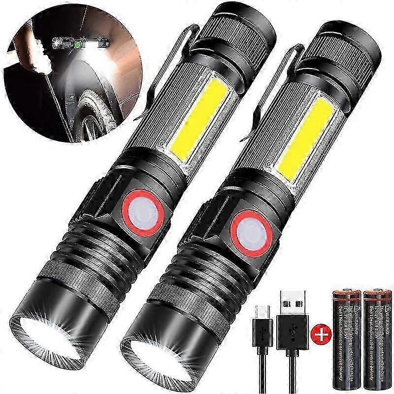 3-in-1 USB Rechargeable LED Flashlight, Zoom Magnet, 4 Modes COB Waterproof Work Light (2pcs)