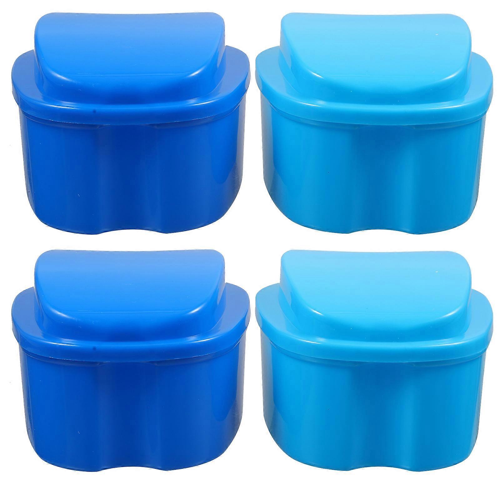 Denture Case Denture Storage Container Breathable Cover Design Rectangular Dark Blue 6.8X9X9.6CM 4Pcs