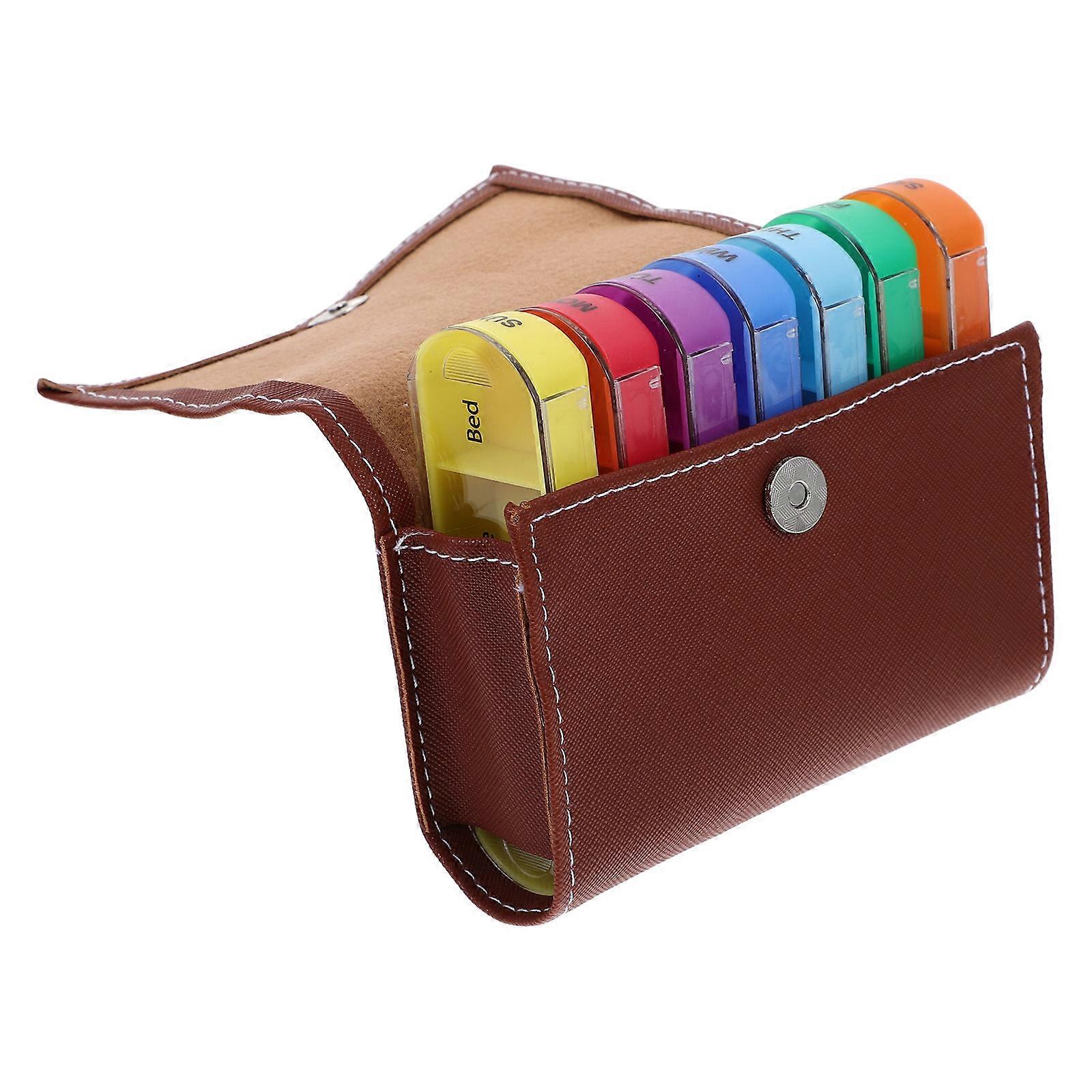 Weekly Pill Organizer Travel Medicine Dispenser Rectangular Brown Leather 1Set