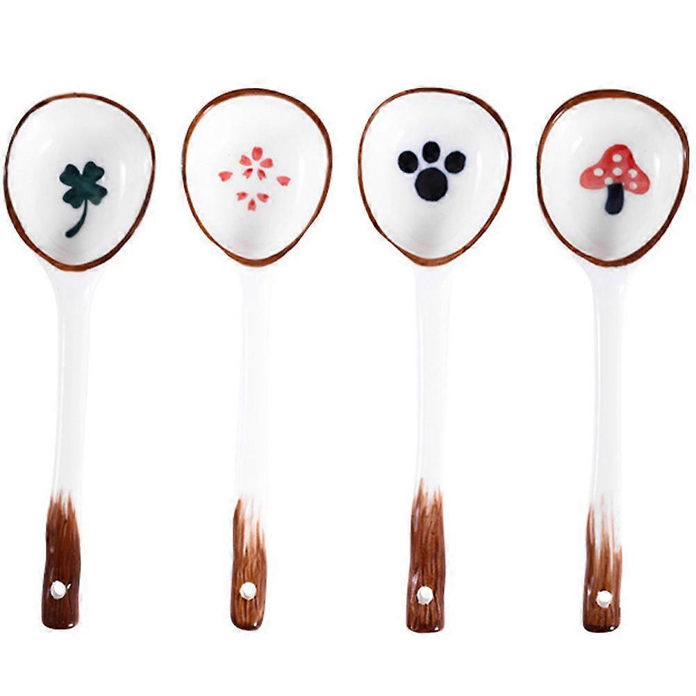 4pcs Japanese Style Spoon Handmade Long Handle Spoons Retro Ceramic Spoons