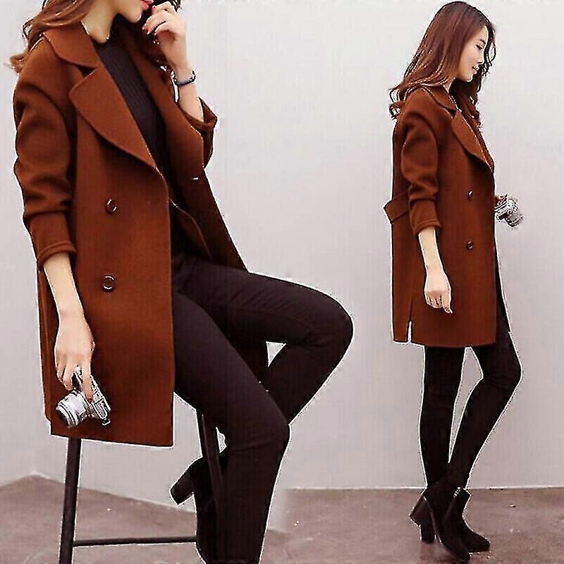 Plus Size Wool Blend Long Coat with Slim Lapel for Autumn and Winter
