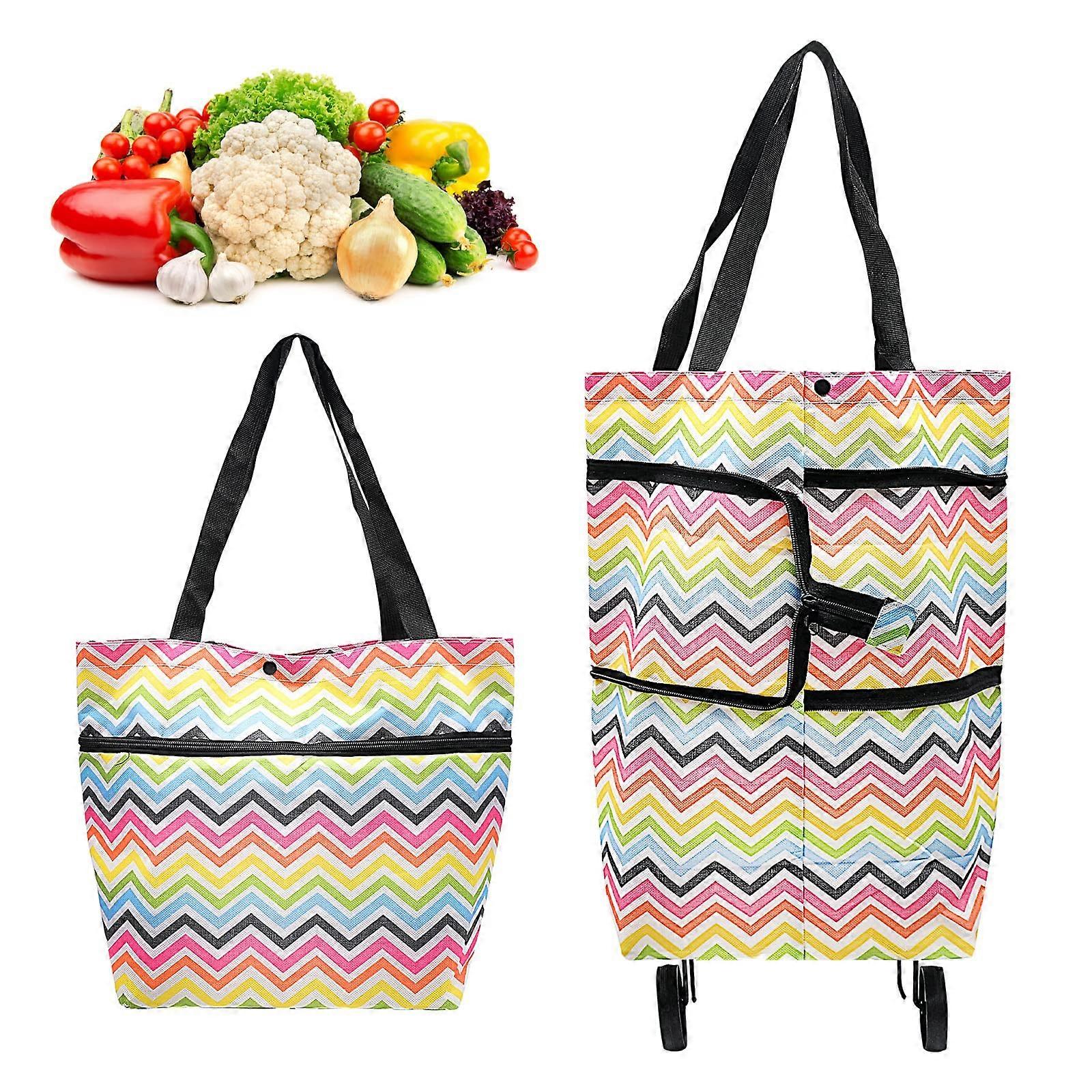 Foldable Trolley Bags With Wheels, 2-In-1 Folding Shopping Trolley For Home And Supermarket, Durable Rainbow
