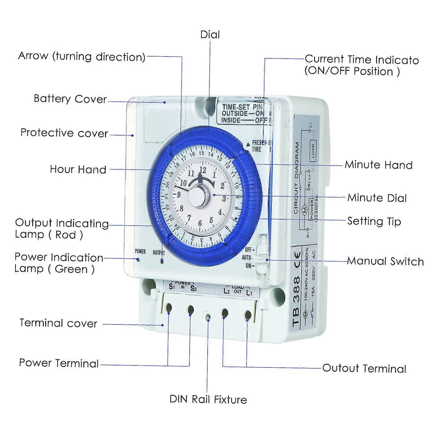 24-Hour Mechanical Timer with Battery 15-Minute Intervals Push Pins Non Power Failure 100V-240V 15A Time Switch Din Rail Ideal for Lights LED CFL