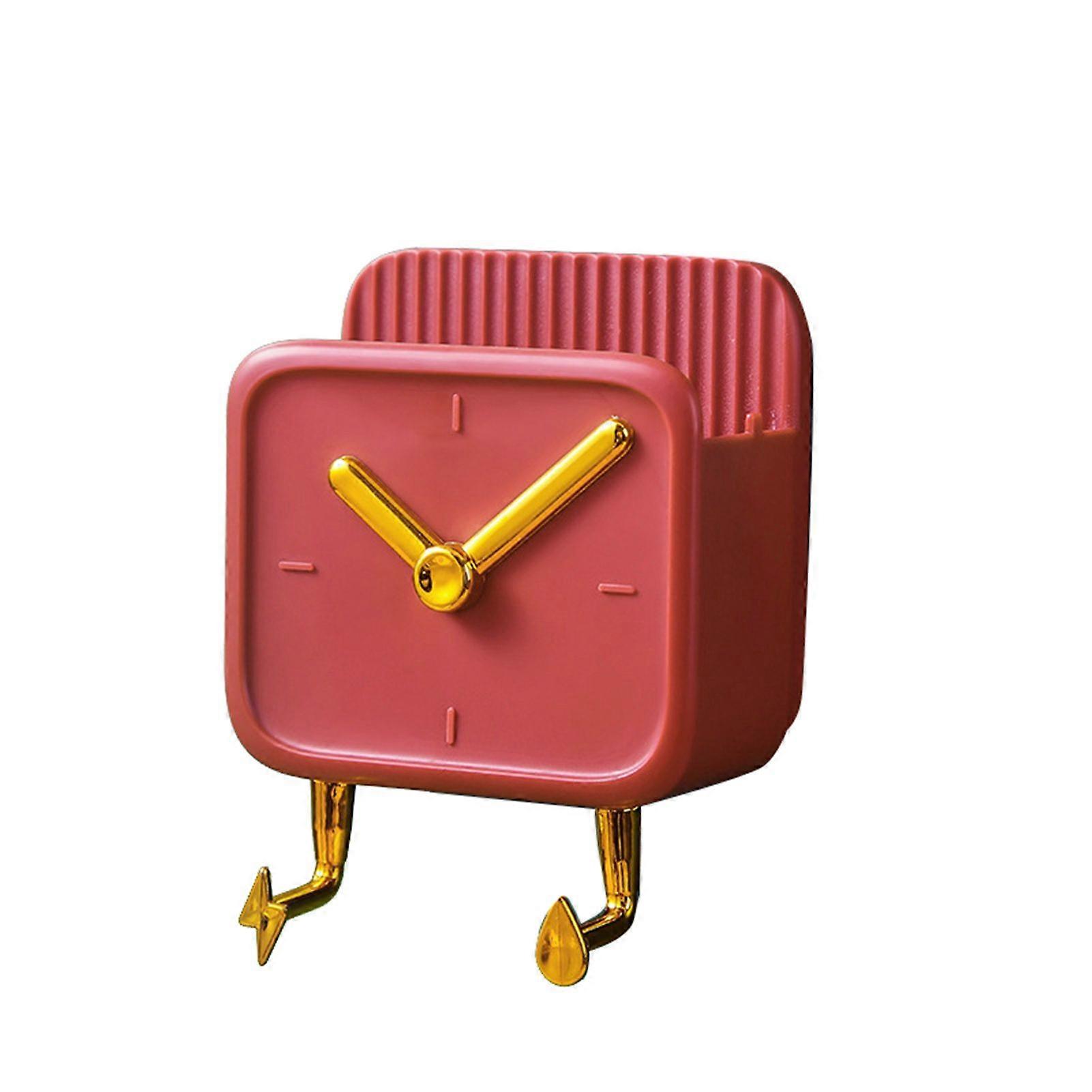 Wall Mounted Storage Box PP Clock Shaped Multifunctional Container with Hooks for Dormitory Bedside Red