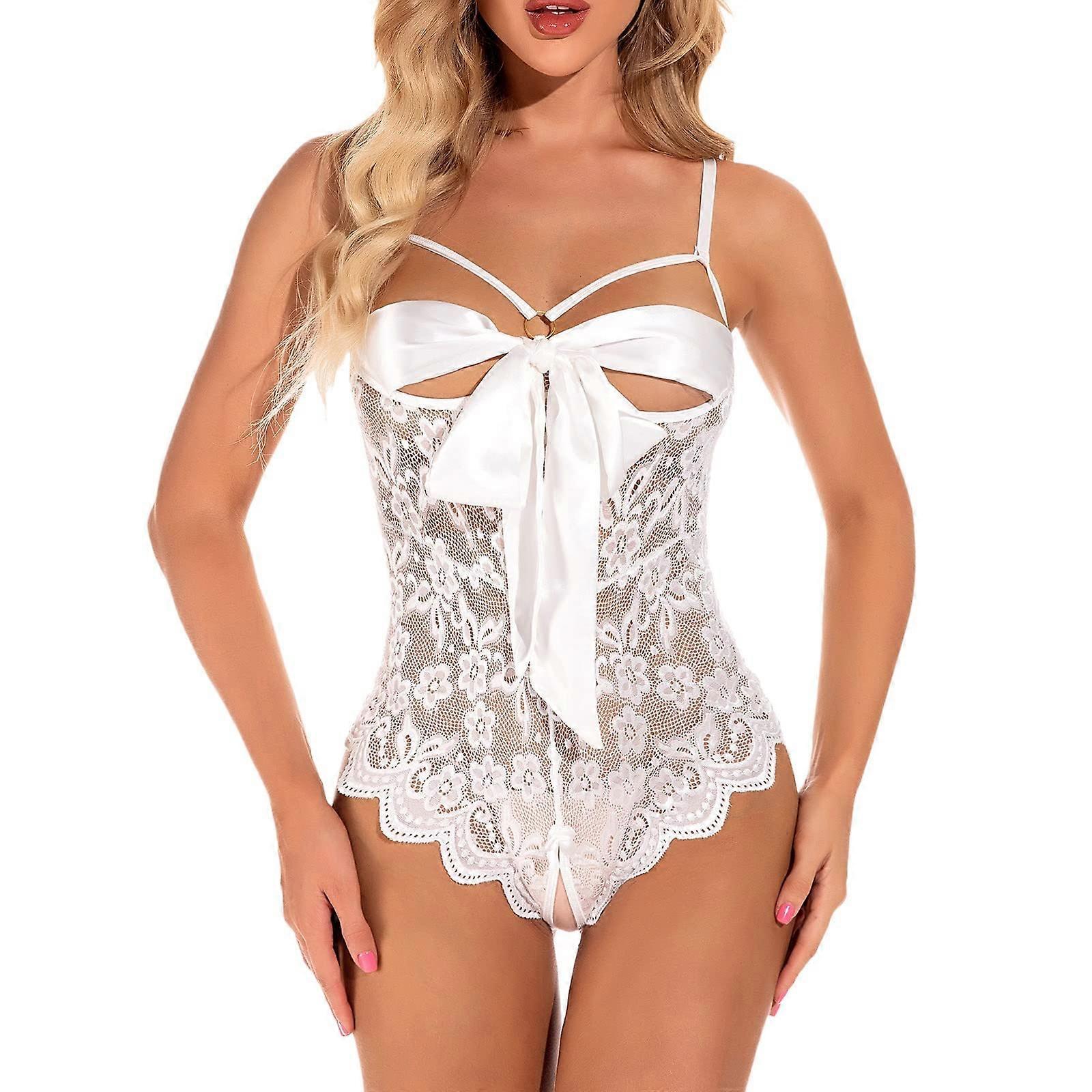 Dessous Damen Sexy Unterwäsche Body Spitze Weiß M, Lingerie Set für Frauen, Maß M, Elegante Spitzen Dessous, Weiß