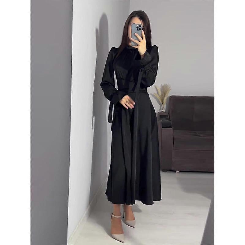 Waist Tie Solid Color Long Sleeve Long Dresses