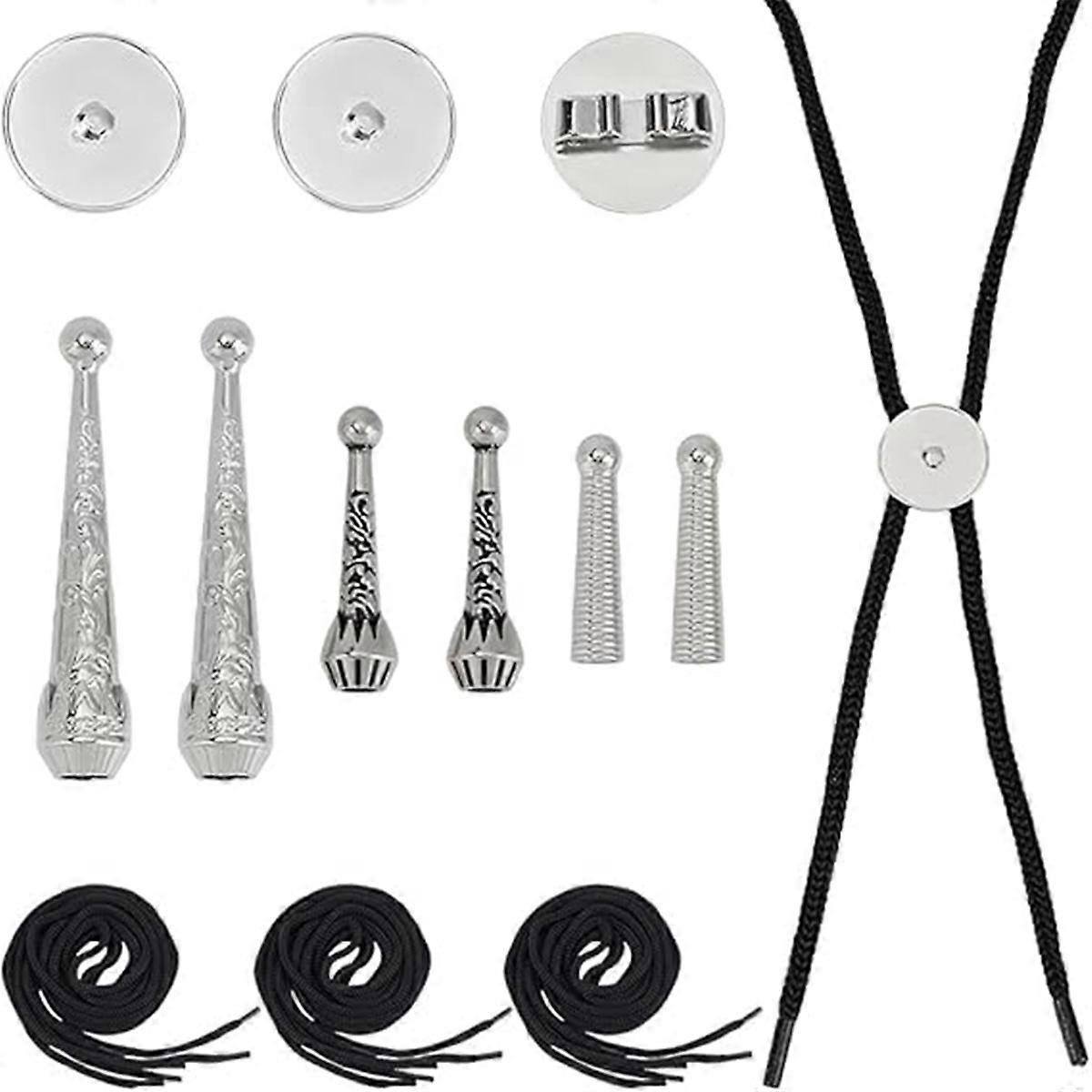 Bolo Tie Finding Kit, Silver Bolo Tie Tip Buckle Replacement with Cord End 3Pcs Round Slides Pack 3