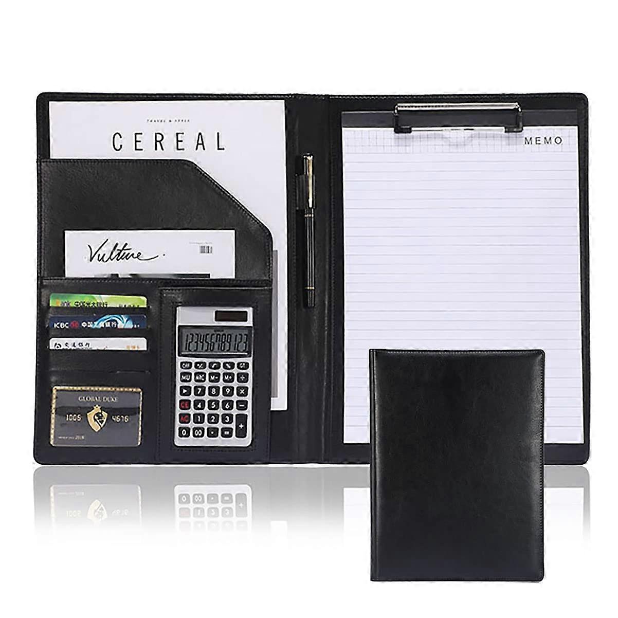 Schreibmappe A4 PU Leather Folding Clipboard, Business Conference Portfolio Organizer, Notepad Binder, Black Silver
