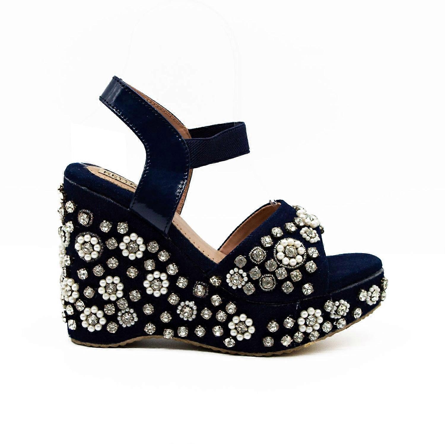 Maria navy hand embellished luxury wedge shoe