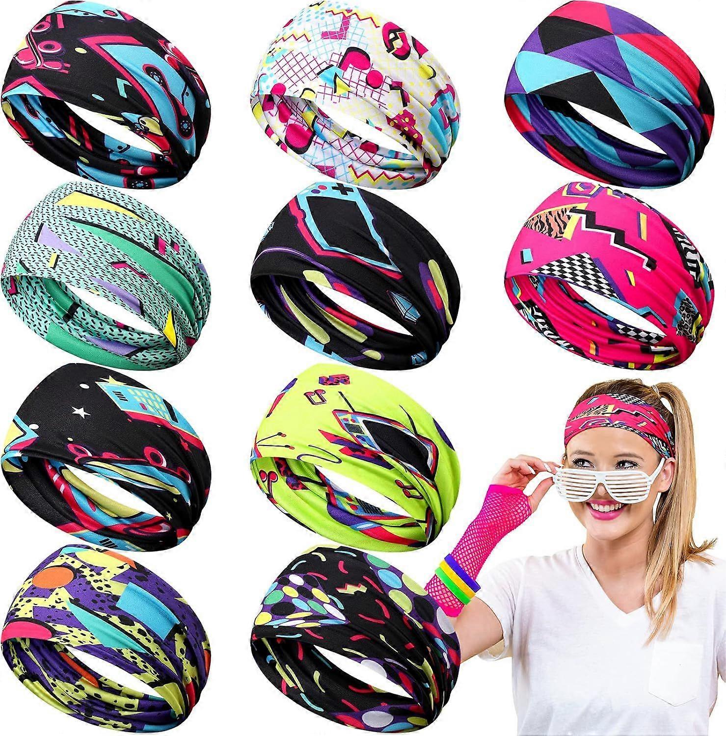 10 Pcs 80s 90s Workout Headbands for Women Men Neon Retro Headbands Sweatbands