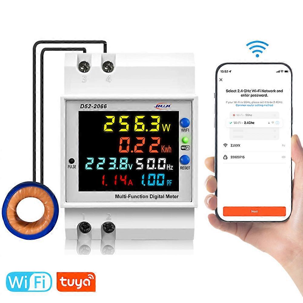 Tuya WiFi Digital Electricity Meter DIN-Rail Voltage Current Power Factor Frequency Meter with Power Failure Memory and Mobile App Control