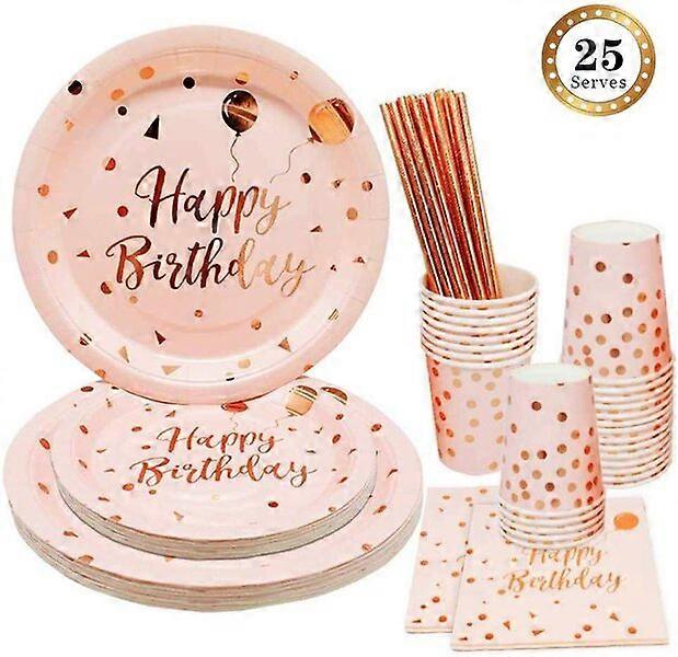 Disposable tableware set for birthday party, 25-person serving, pink