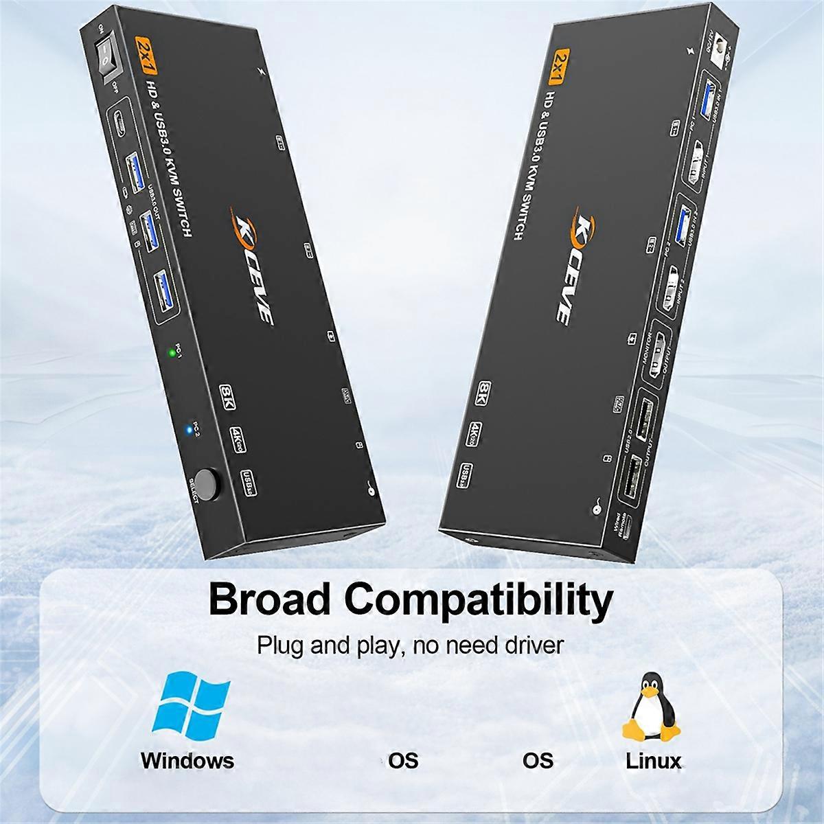 USB3.0 8K HD KVM Switch 2-Input 1-Output KVM Switch 8K@60Hz4k@120Hz, Output USB3.0+1tpe-C EU-Plug