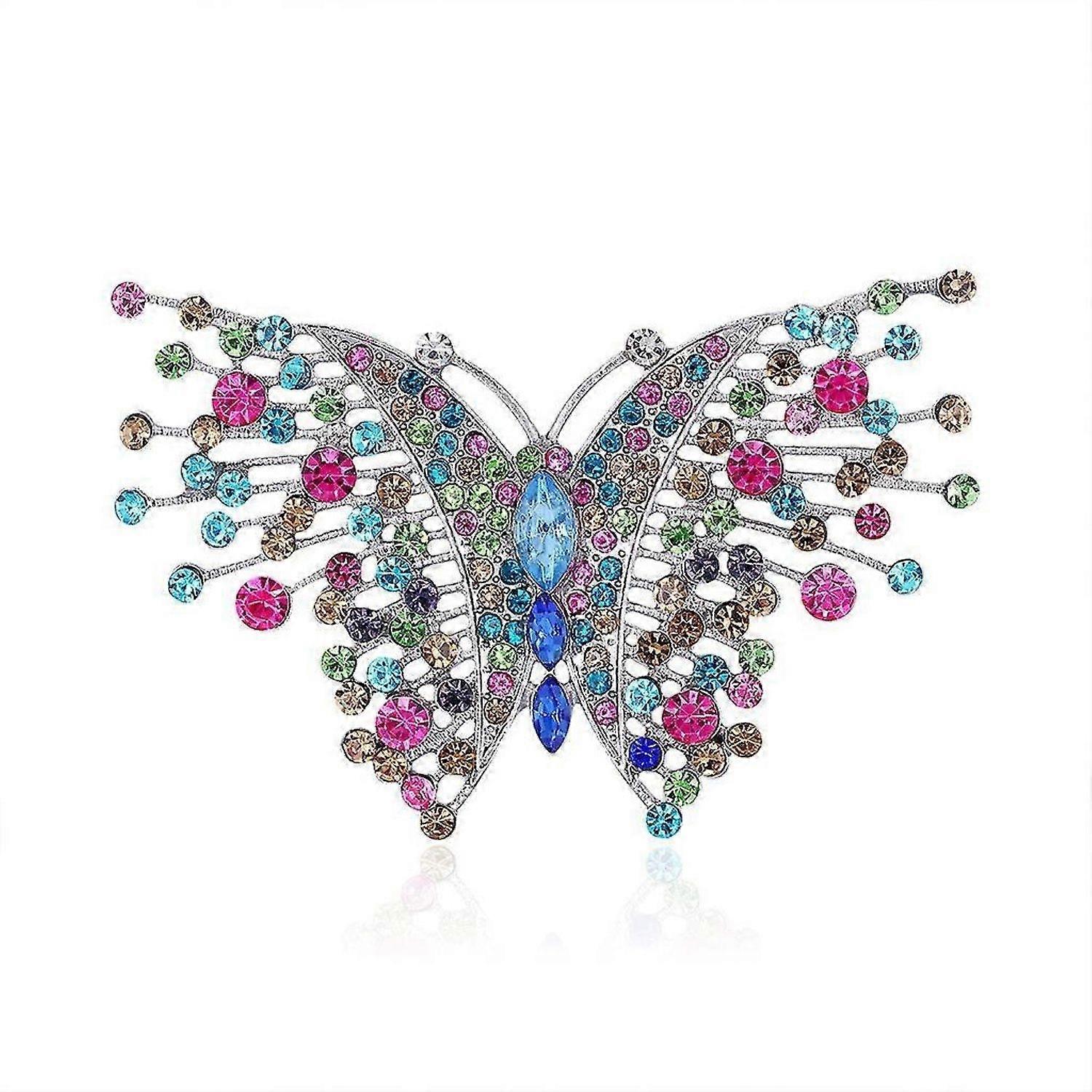 Swallowtail Butterfly Brooch Multicolor Austrian Crystal Silver-Tone -HK908