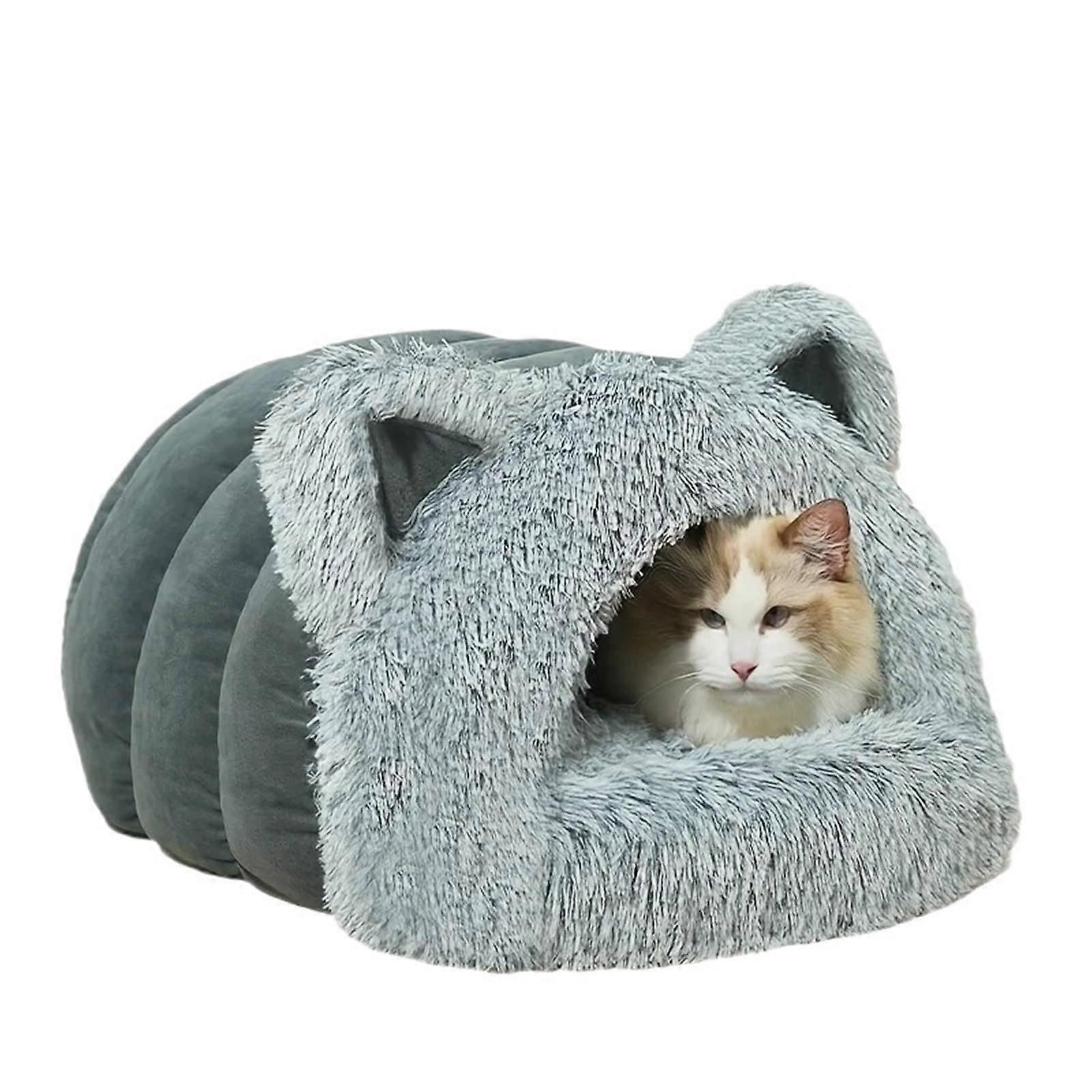 Plush Cat Ears Big Collar Pet Nest Bed For Indoor Cats Grey M Size Thickened Nest Autumn Winter Warmth