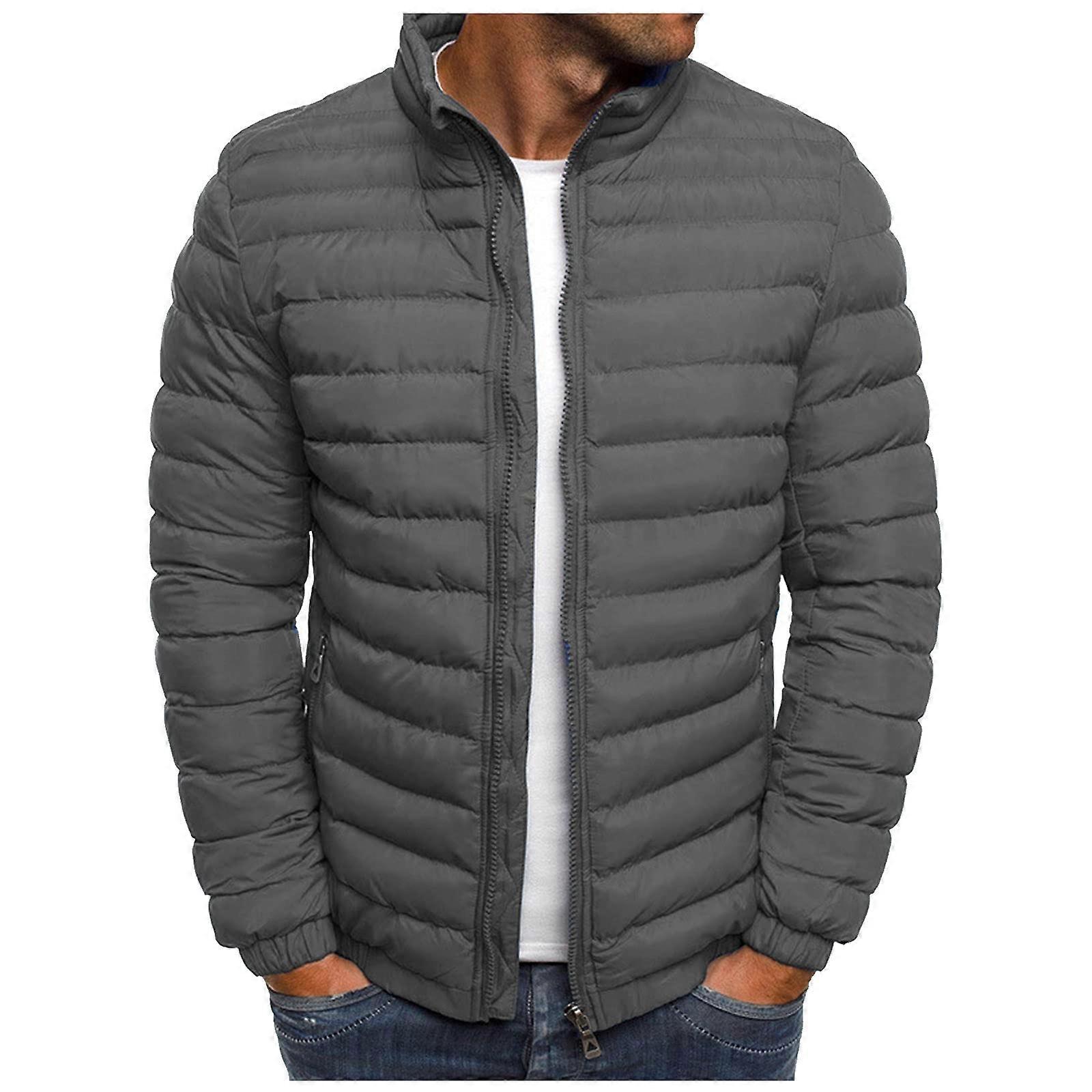 Winter Jacket Men's Warm Down Jacket Oversized Puffer Outdoor Quilted Wind Jacket Gray Size S