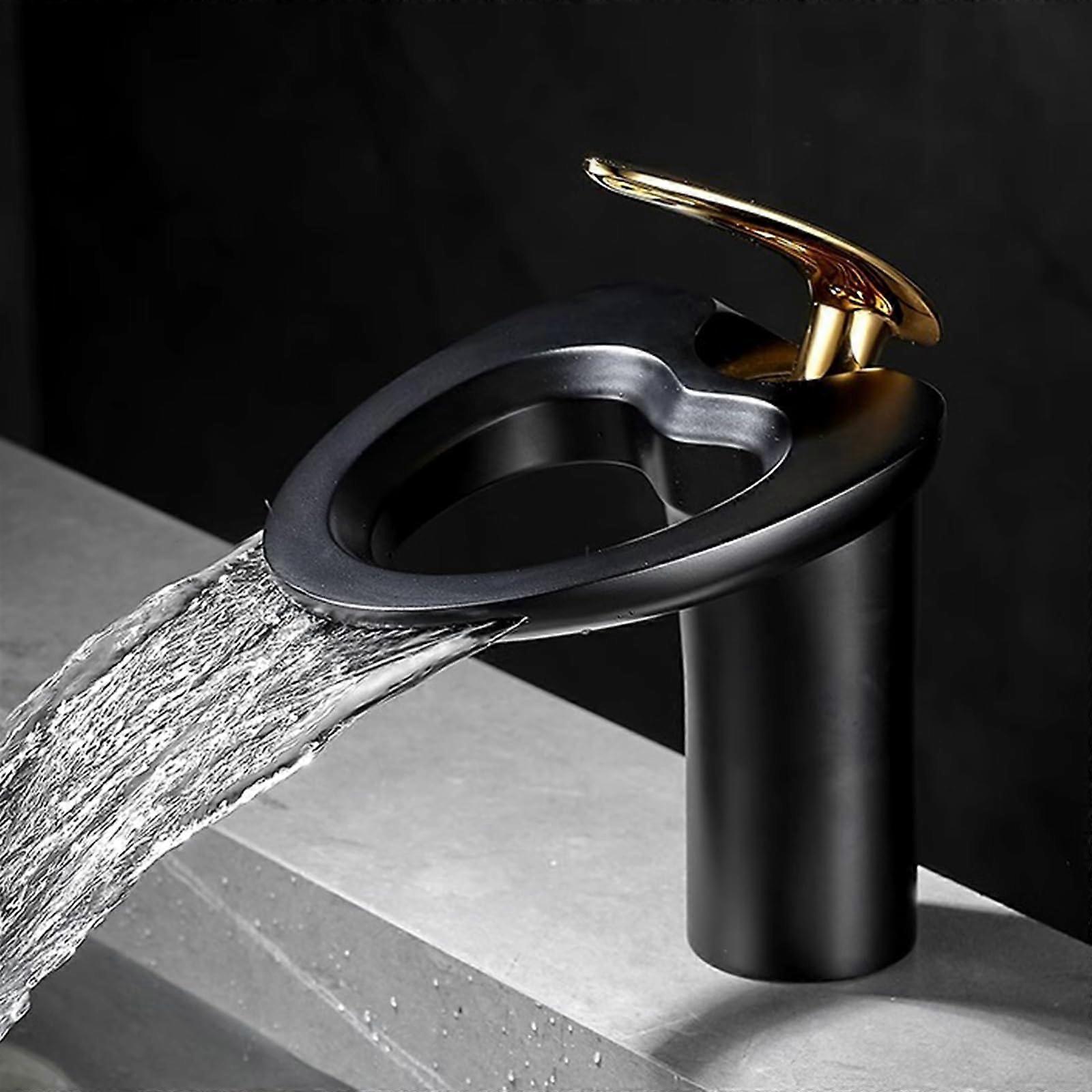Waterfall Taps for Bathroom Basin Black and Gold Finish, Mono Chrome Brass, Single Lever, 1Hole Low Arc