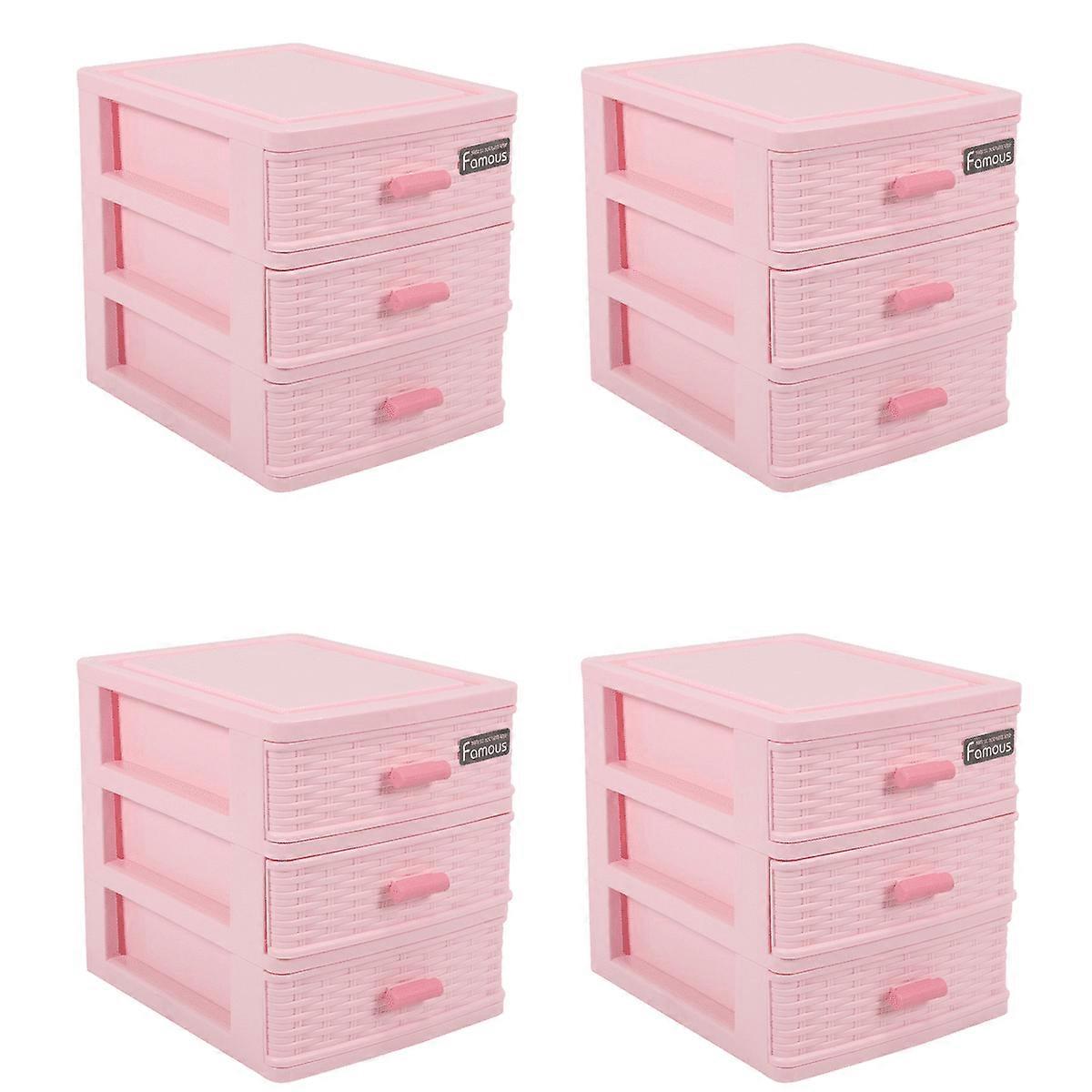 4X Plastic Drawer Designed 3 Compartment Jewelry Storage Box Pink