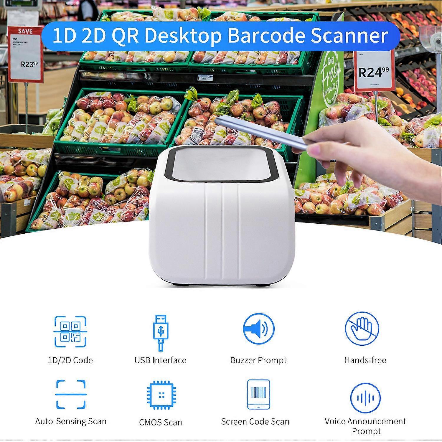 1D 2D QR Barcode Scanner Platform with Voice Announcement Prompt USB Wired Bar Code Reader Hands-fre