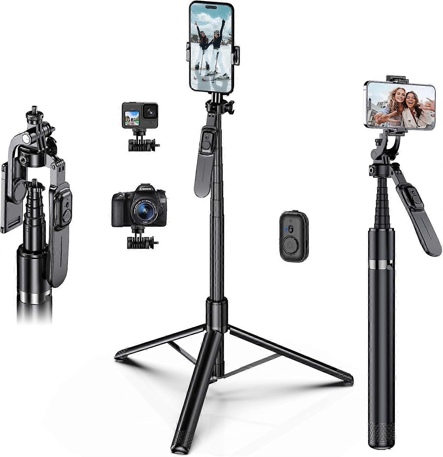 80 Inch Extra Tall iPhone Tripod with Remote Control, 360 Rotating Integrated Retractable iPhone Selfie Stick, Mobile Phone Tripod Stand for Video Rec