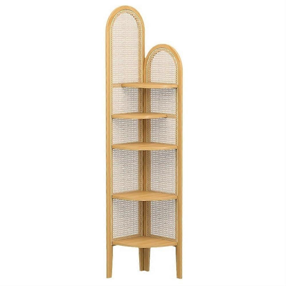 5 Tier Corner Shelf Bookcase with Fan Shaped Wood and Rattan, Tall Space Saving Storage Rack for Living Room Decor