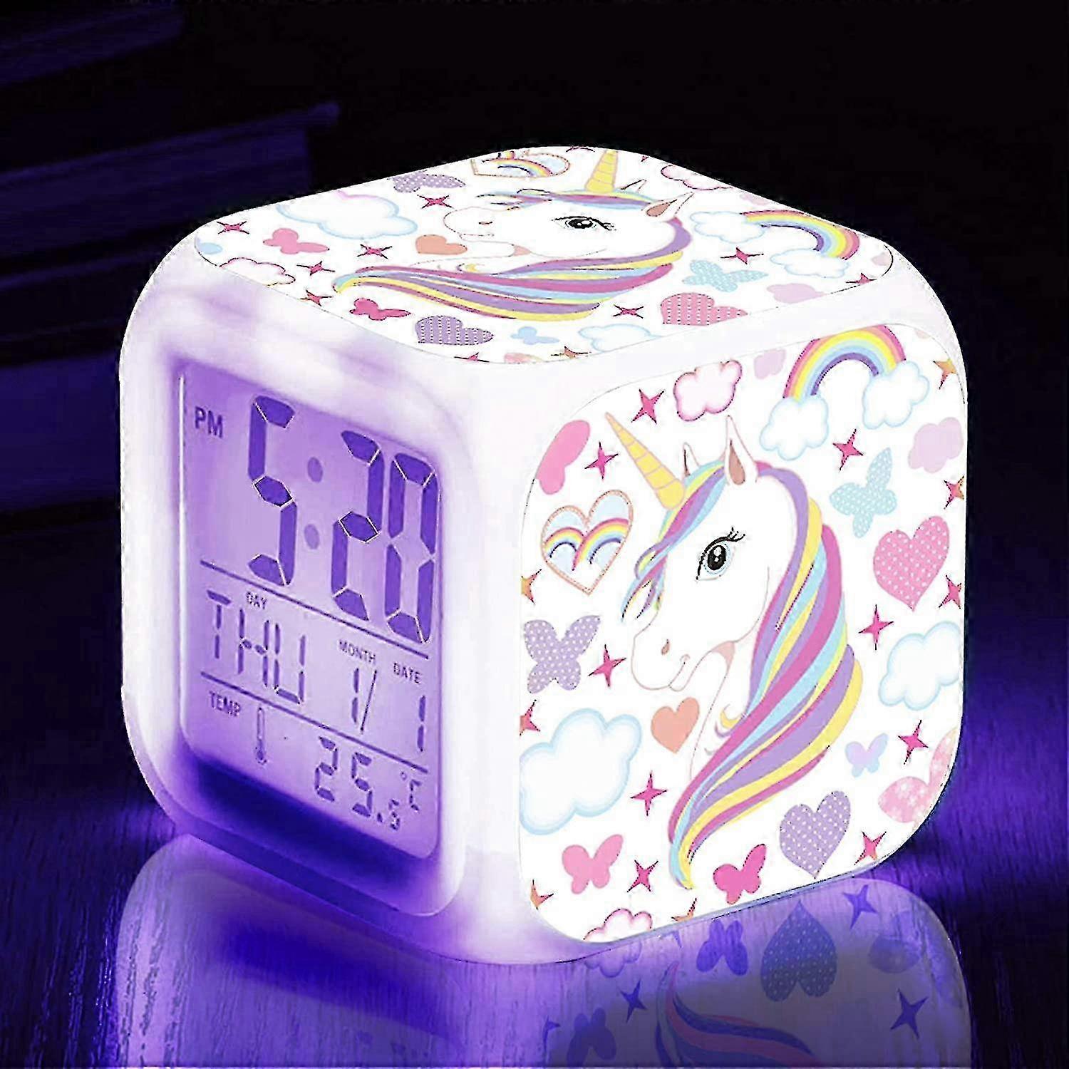 Ubiuo Girls Alarm Clocks, Unicorn Night Light Kids Alarm Clocks With 4 Sided Unicorn Pattern&9 Kinds Of Led Glowing Wake Up Bedside Clock Gifts For Un