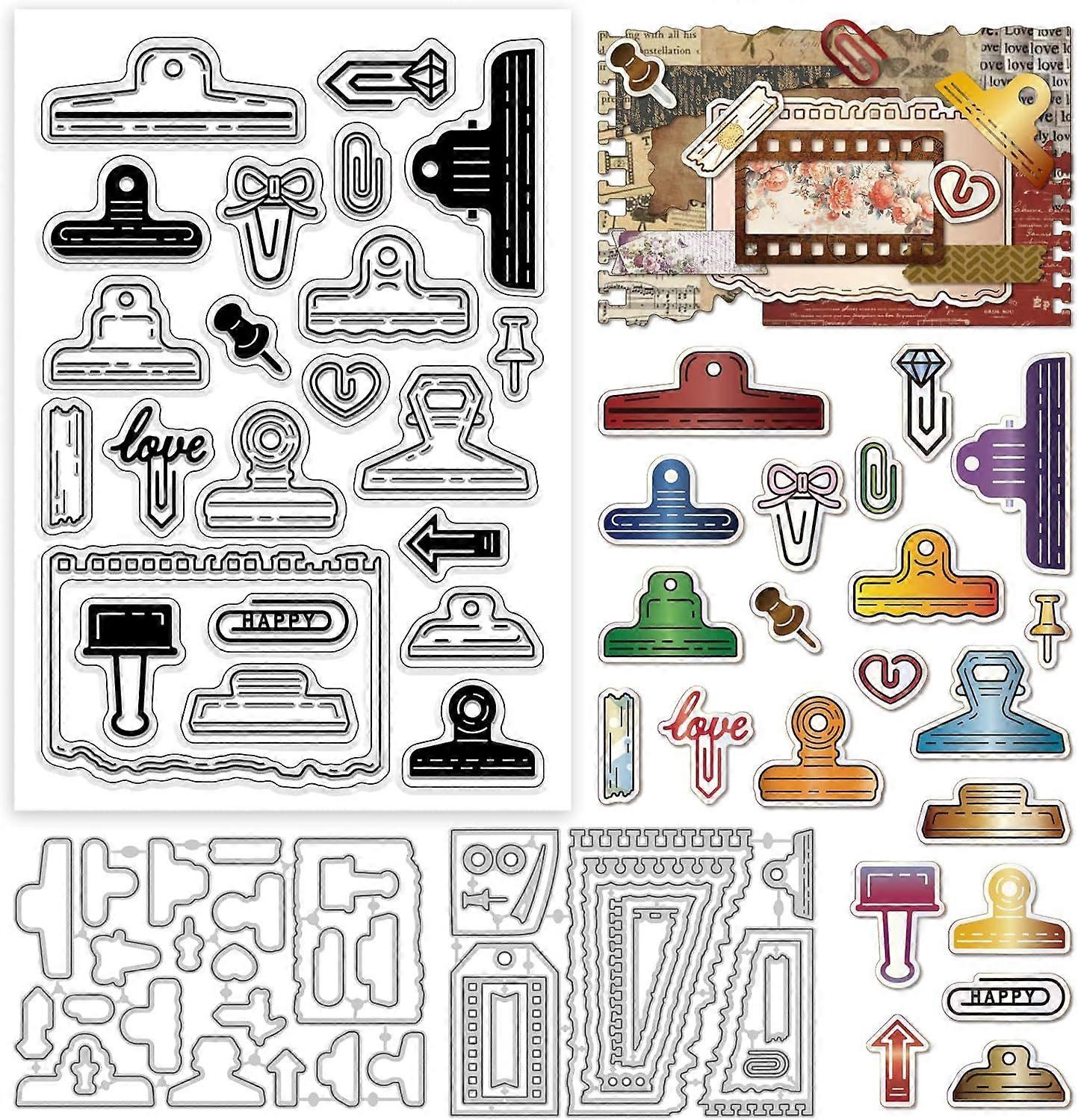 Vintage Sticky Note Paper Clip Clear Stamp and Cutting Dies Set for Card Making Torn Edge Sticky Silicone Clear Stamp Metal Retro Label Frame Die Cuts