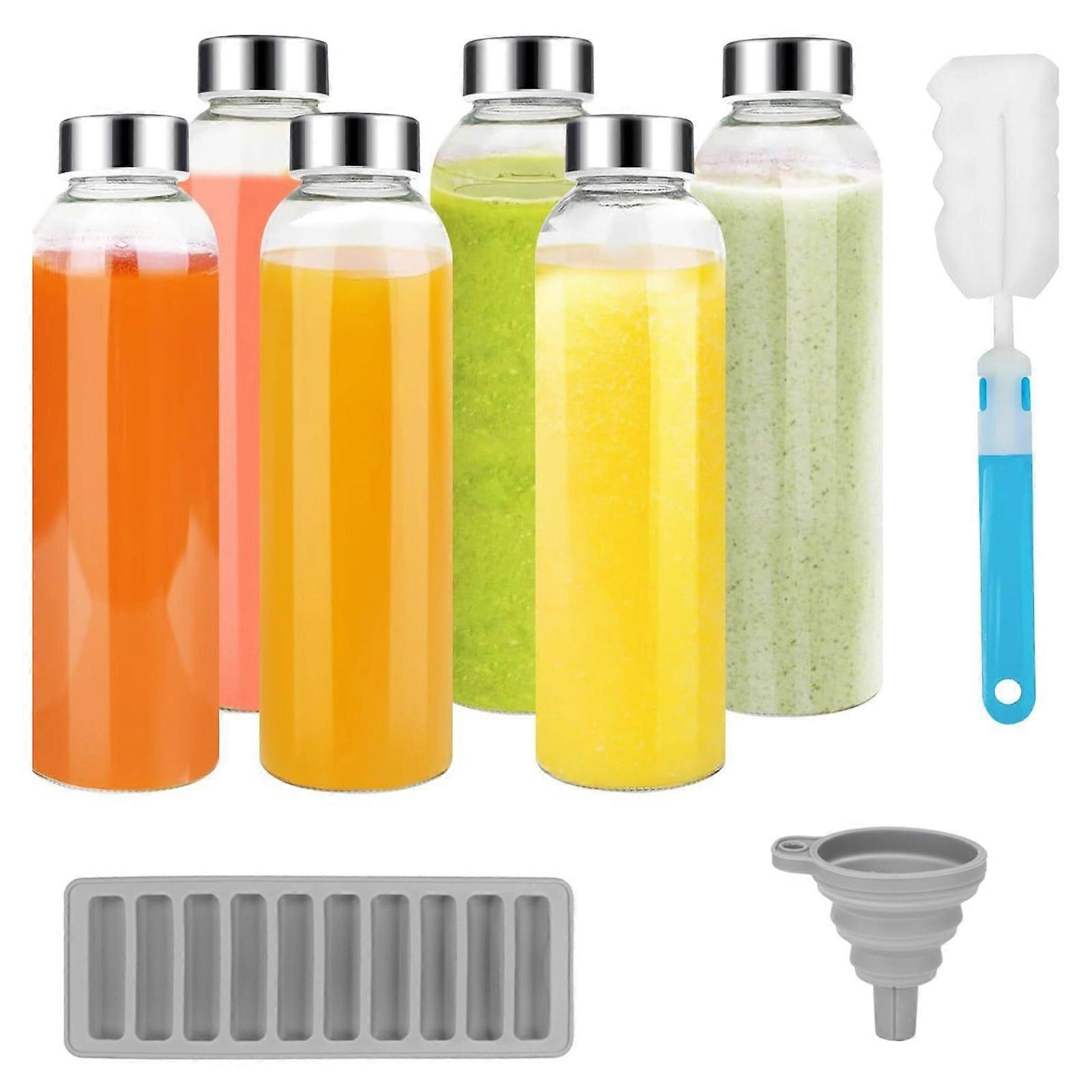 Jikaix 6Pcs Glass Juice Bottles Set 500ml Refillable Clear Glass Water Bottles with Airtight Caps Leak Proof Reusable Juicer Bottles