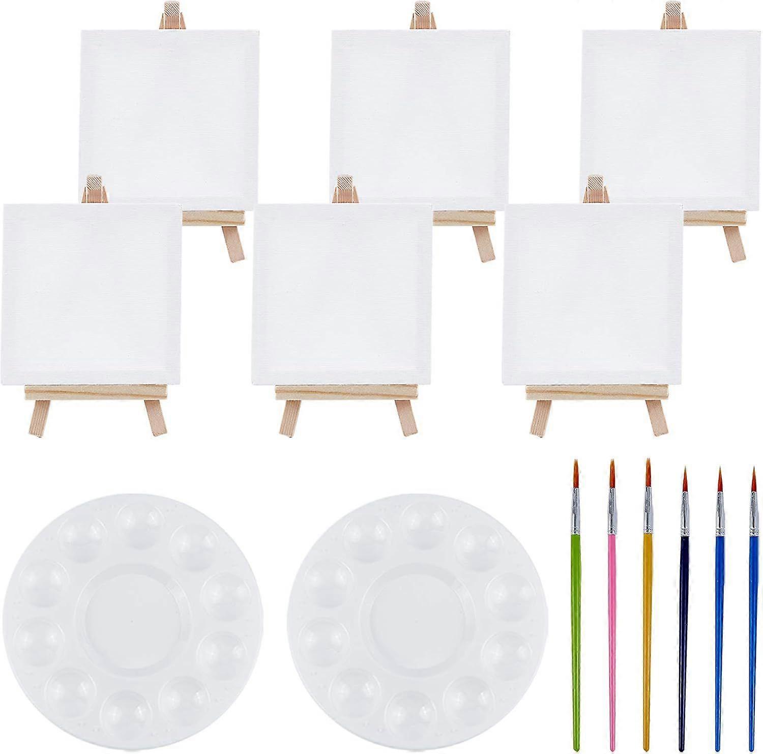 14 Pcs 3 Types Canvas Painting Tools 6 Pcs Wooden Easel Canvas with 6 Pcs Brushes with 2 Pcs Palette for Oil Watercolor Art Painting