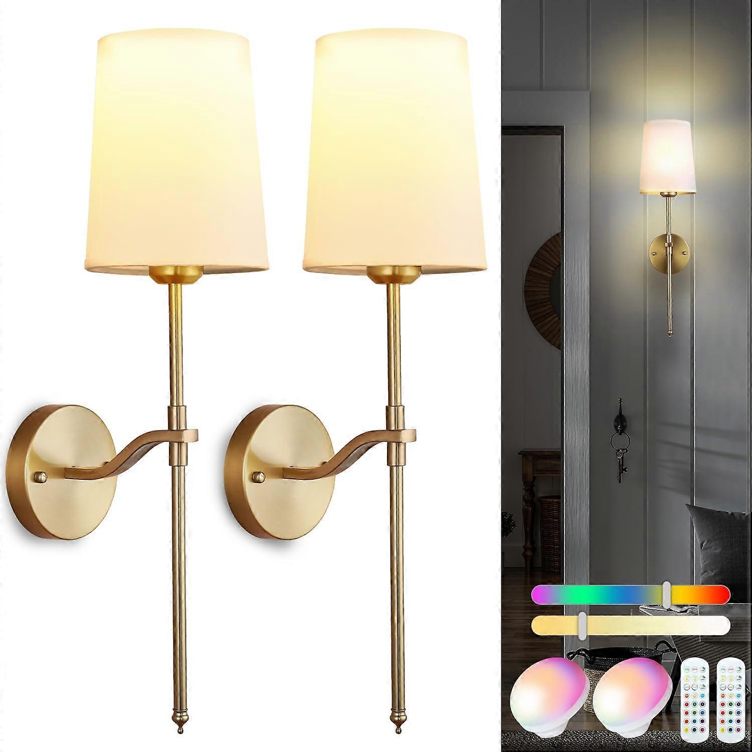 Wireless Wall Sconces Set of 2 Gold Rechargeable Lights with 15 RGB Dimmable Modes and Remote
